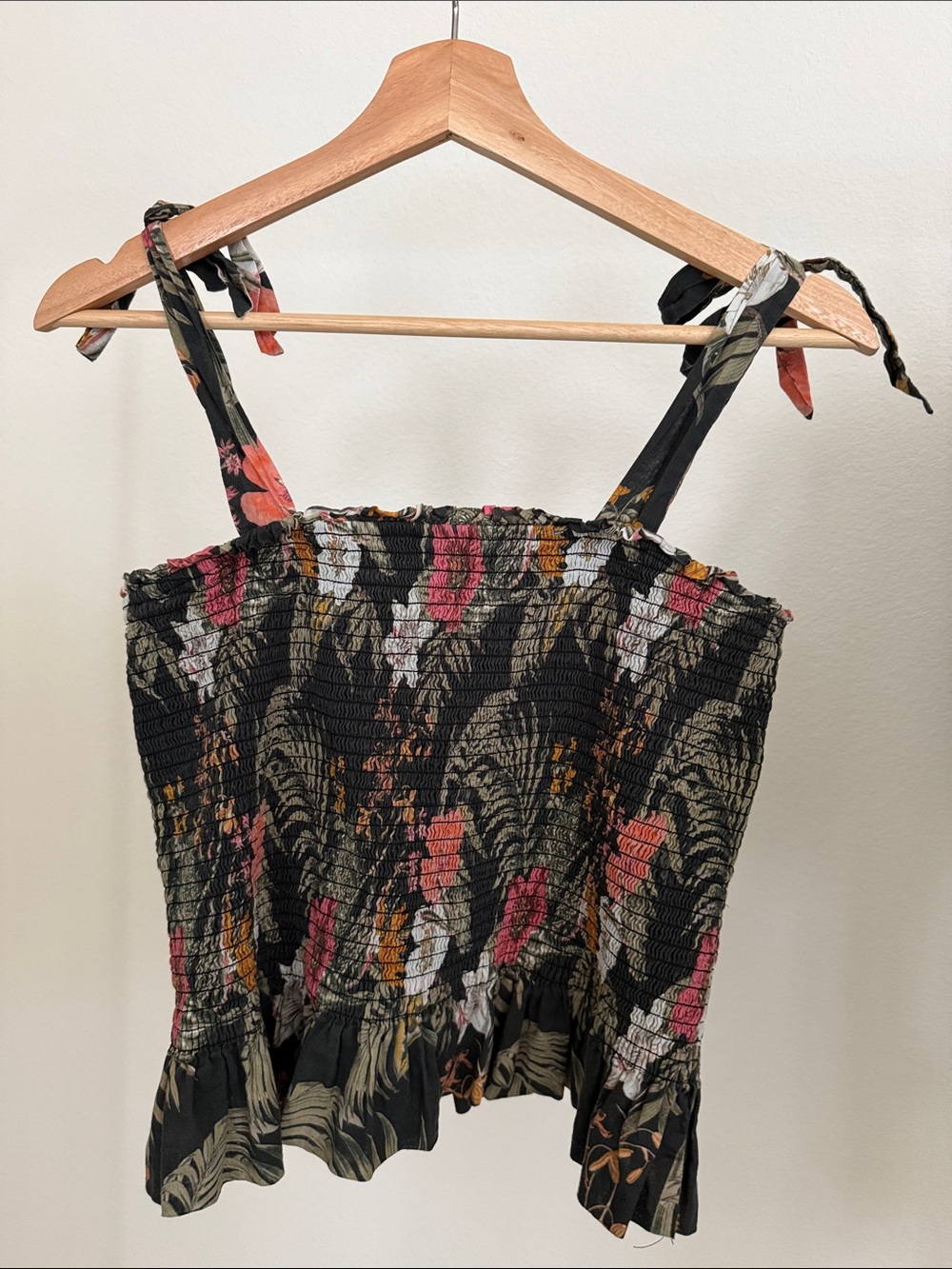 Rebecca Minkoff Smocked Floral Tie-Shoulder Tank Top - Black Floral